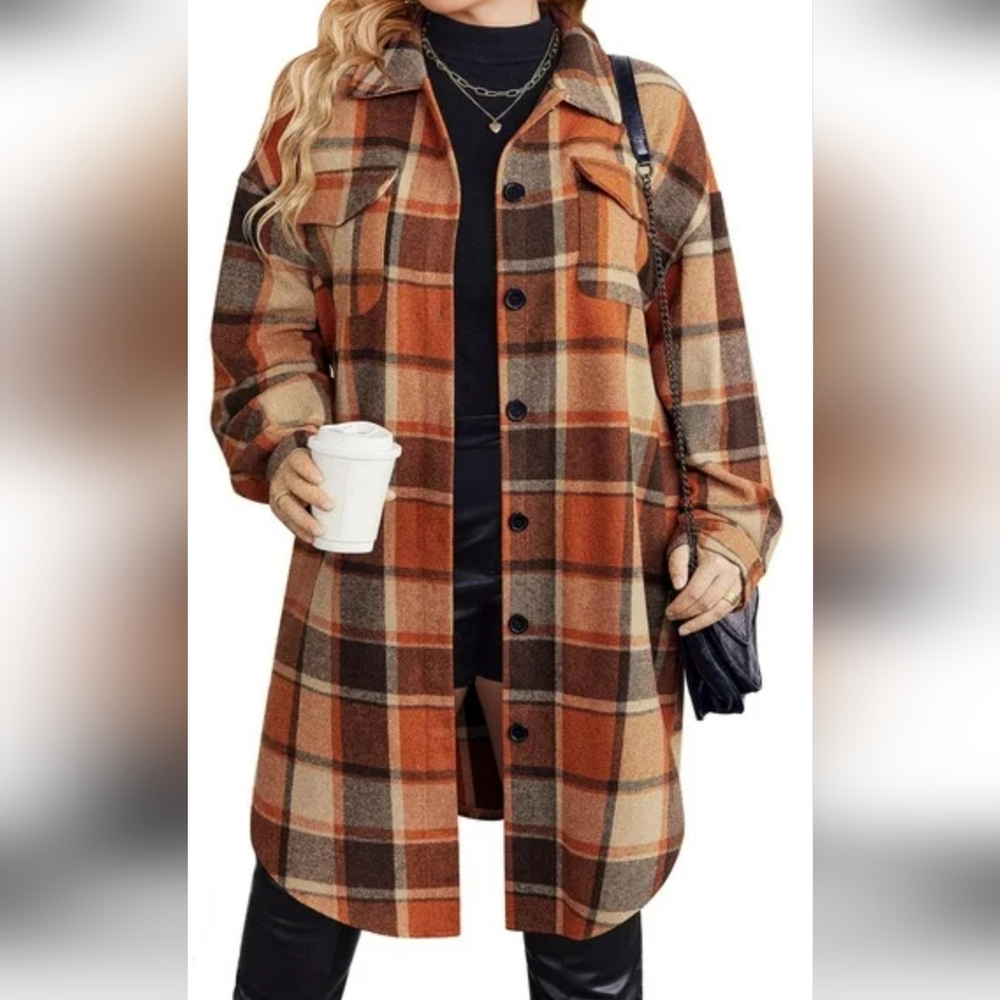 Women's Plaid Shirt Jacket in Orange and Brown